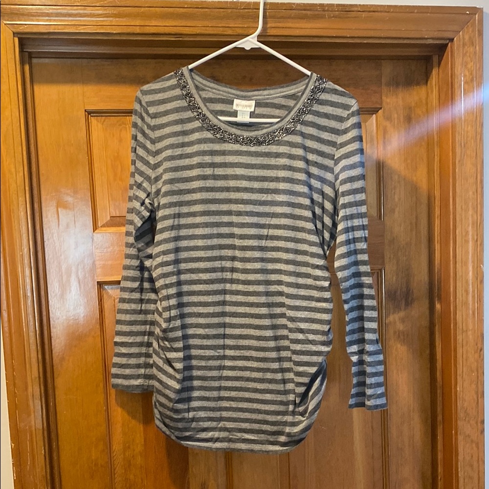 Motherhood Maternity Gray Striped Top with Beaded Neckline